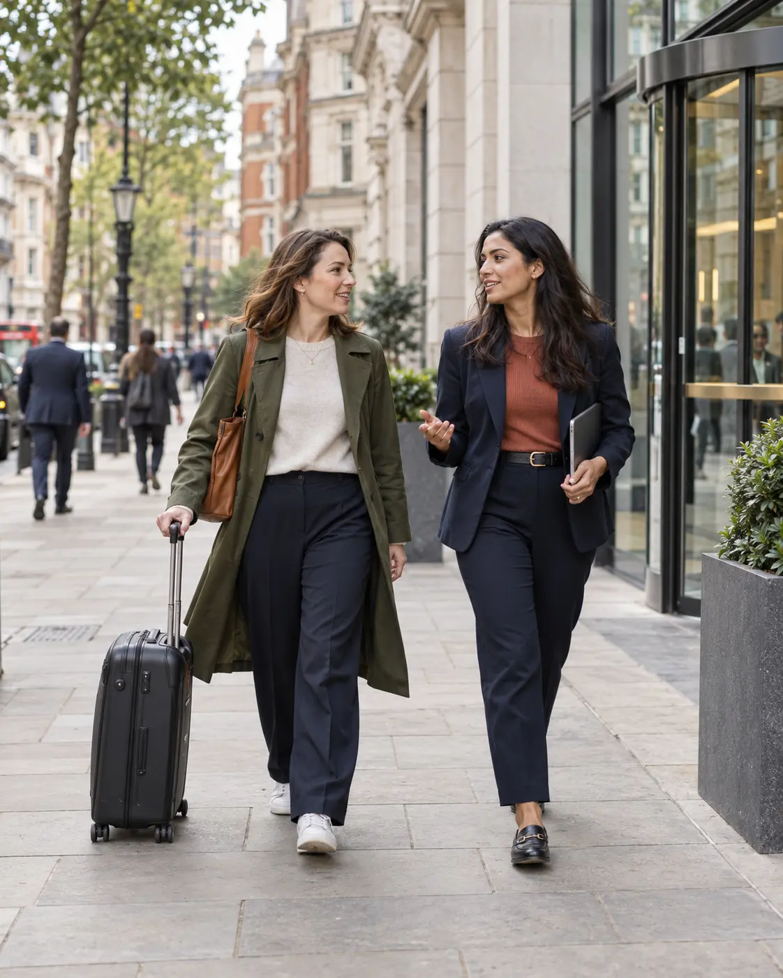 Illustrative image of a relocating employee arriving at a London office with a colleague.