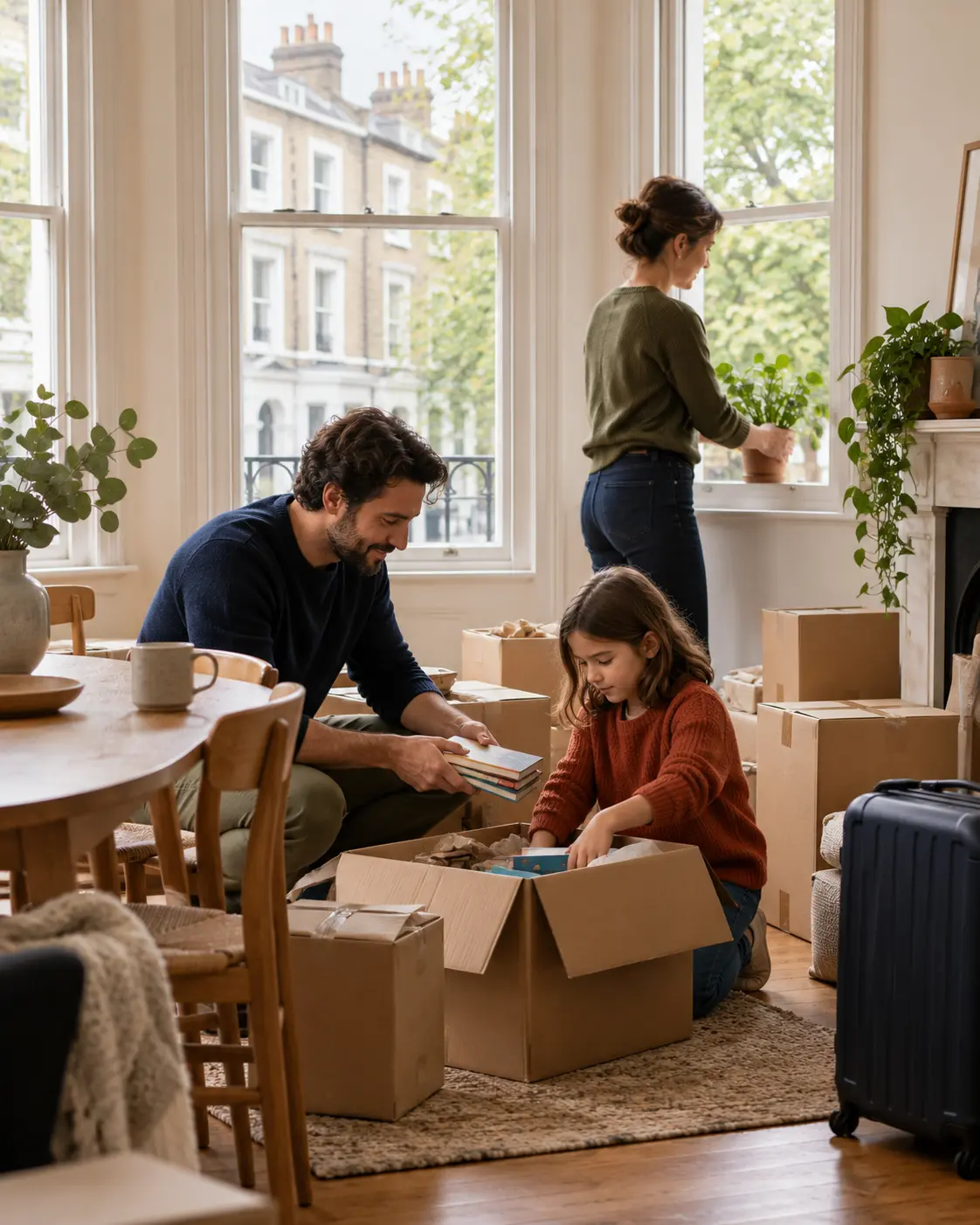 Illustrative image of a family unpacking books and a plant in their new London home.