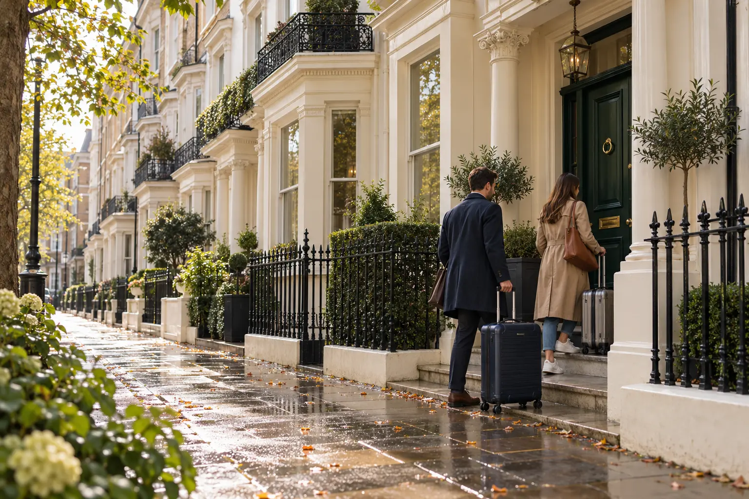 Illustration of a couple arriving with suitcases at a London townhouse.