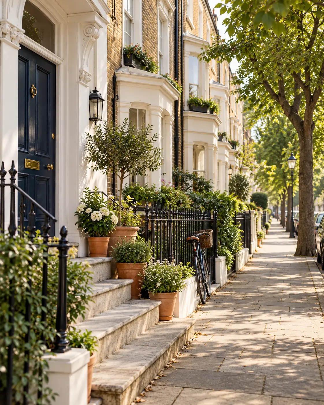 Illustrative view of a leafy London residential street, with terraced homes and planted front steps.