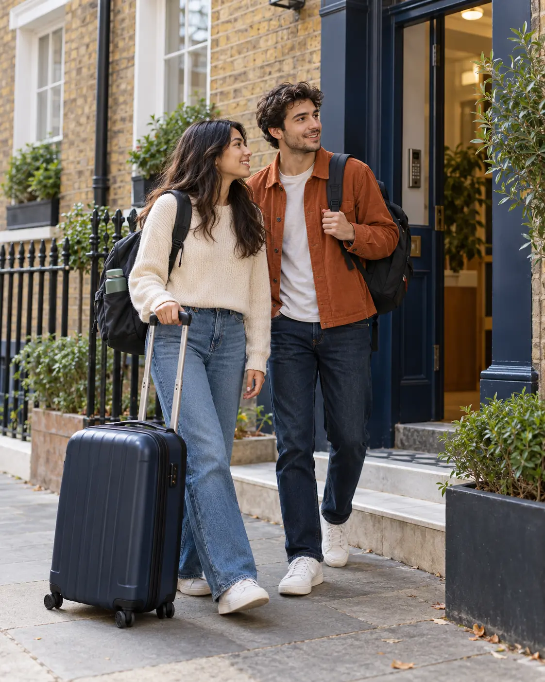 Illustrative image of two adult students arriving at a London residence with luggage.
